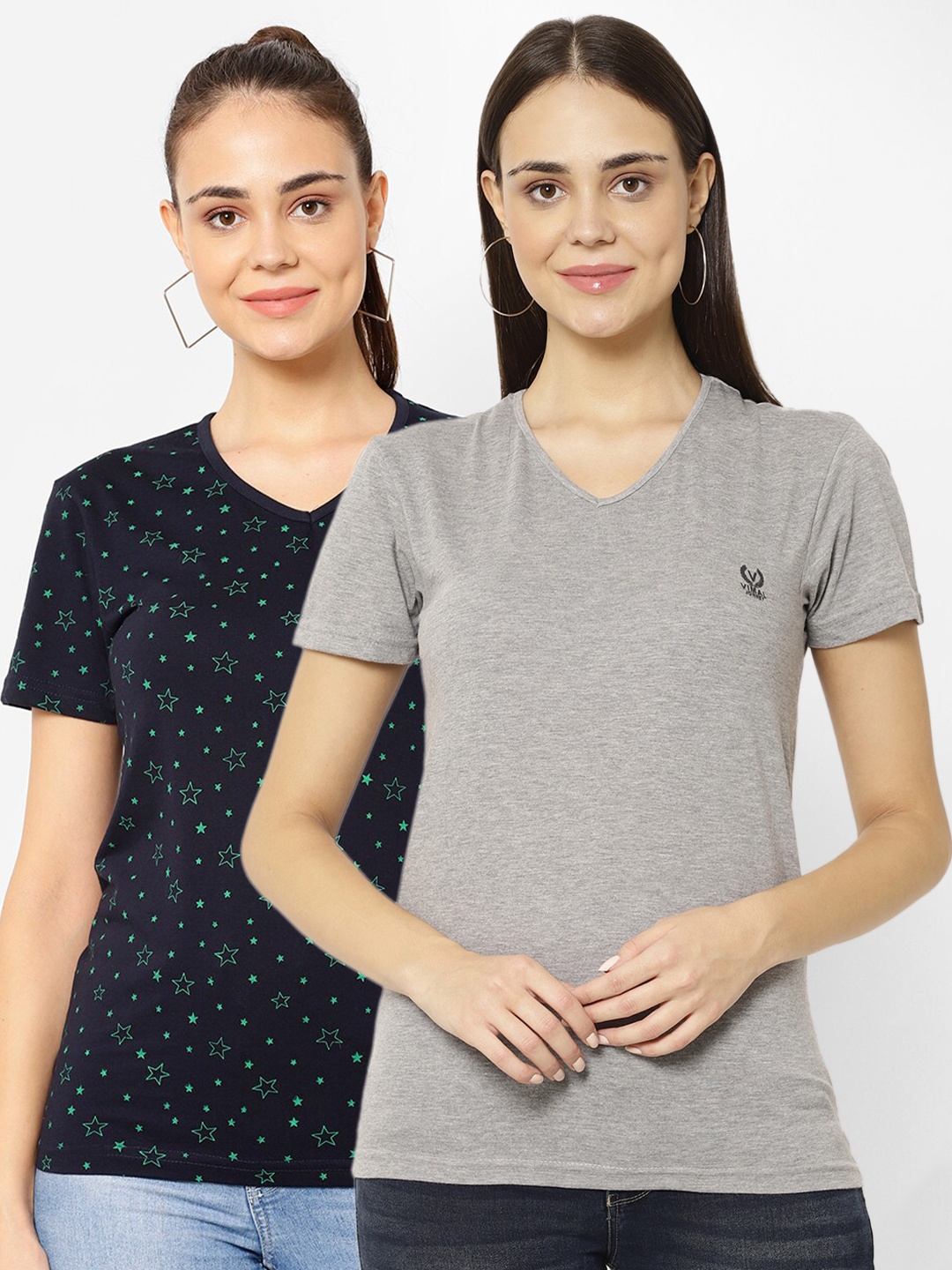 

MACK JONNEY Pack-2 Women Grey & Navy Blue V-Neck T-shirt