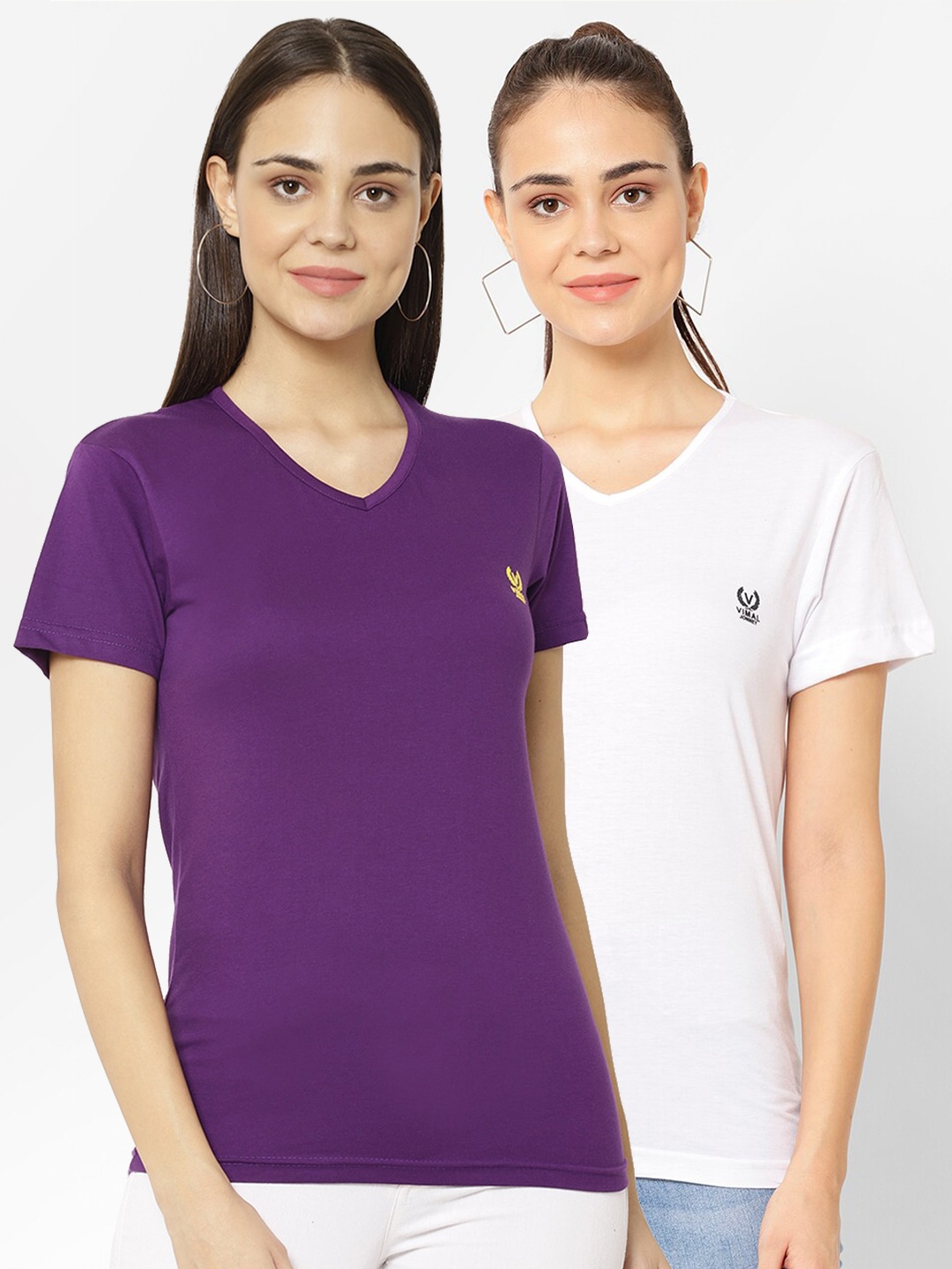 

VIMAL JONNEY Pack-2 Women Purple & White V-Neck T-shirt