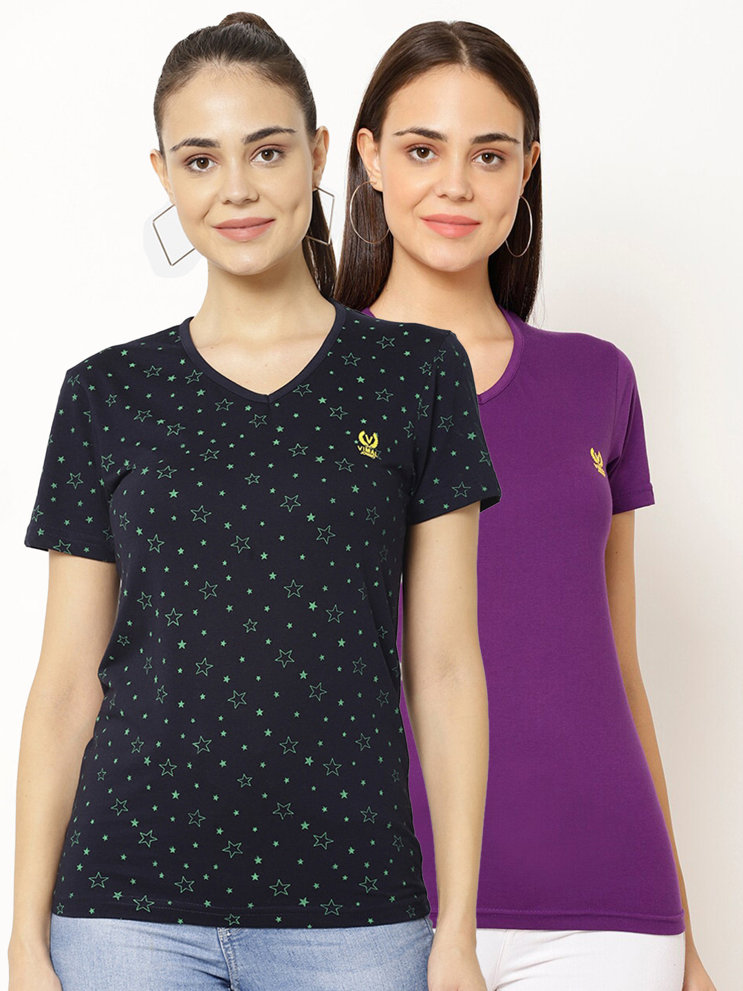 

MACK JONNEY Pack-2 Women Navy Blue & Purple V-Neck T-shirt