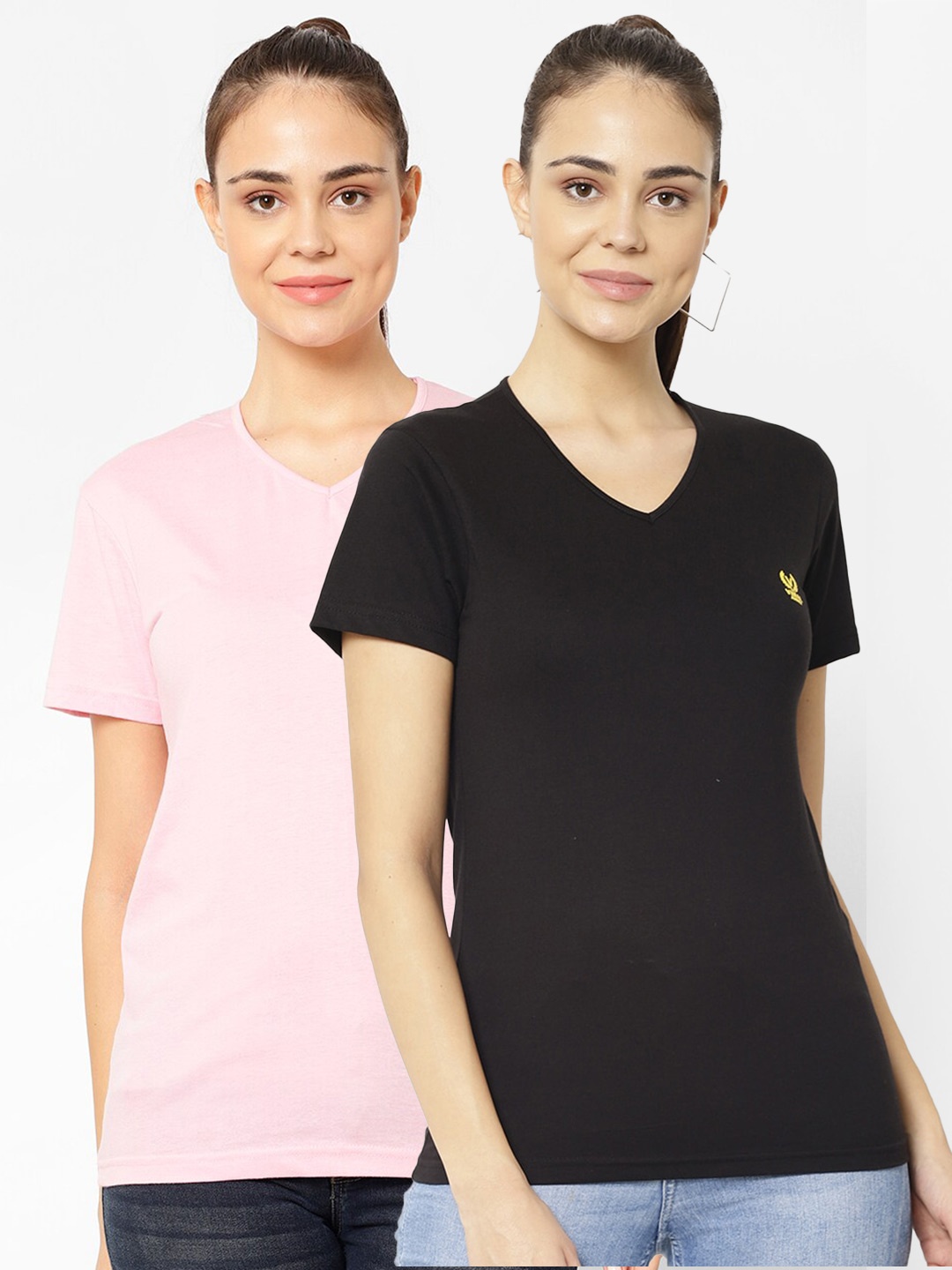 

VIMAL JONNEY Pack-2 Women Black & Pink V-Neck T-shirt