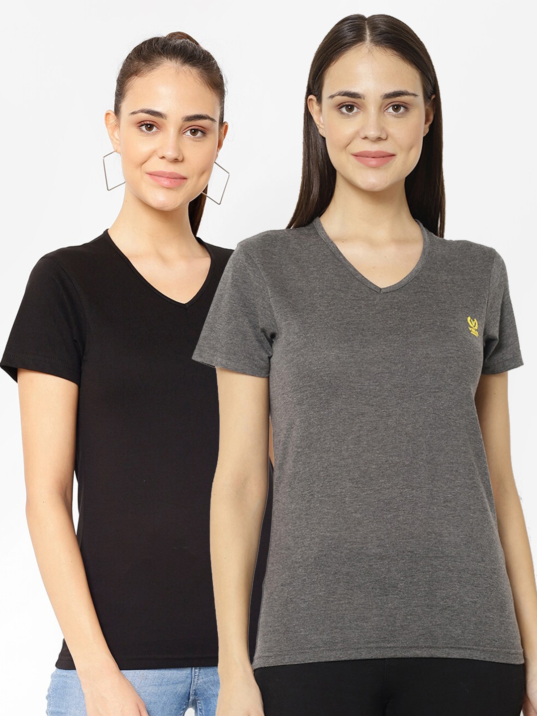 

VIMAL JONNEY Pack-2 Women Black & Grey V-Neck T-shirt