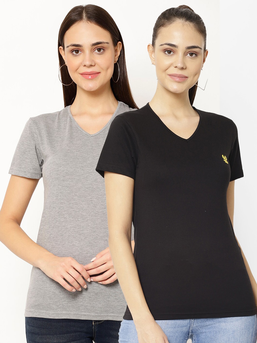 

VIMAL JONNEY Pack-2 Women Black & Grey V-Neck T-shirt