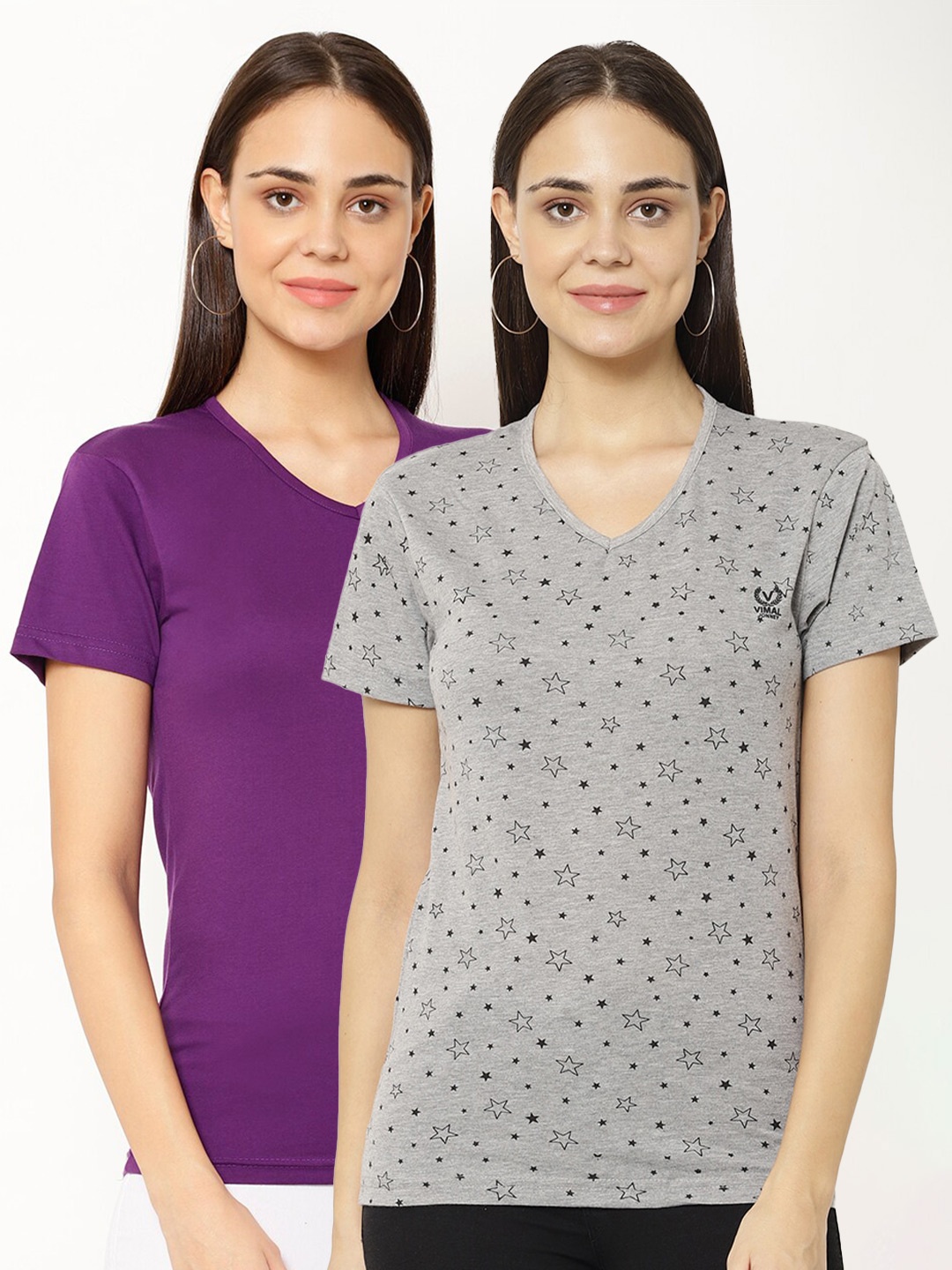 

VIMAL JONNEY Pack-2 Women Grey & Purple V-Neck T-shirt