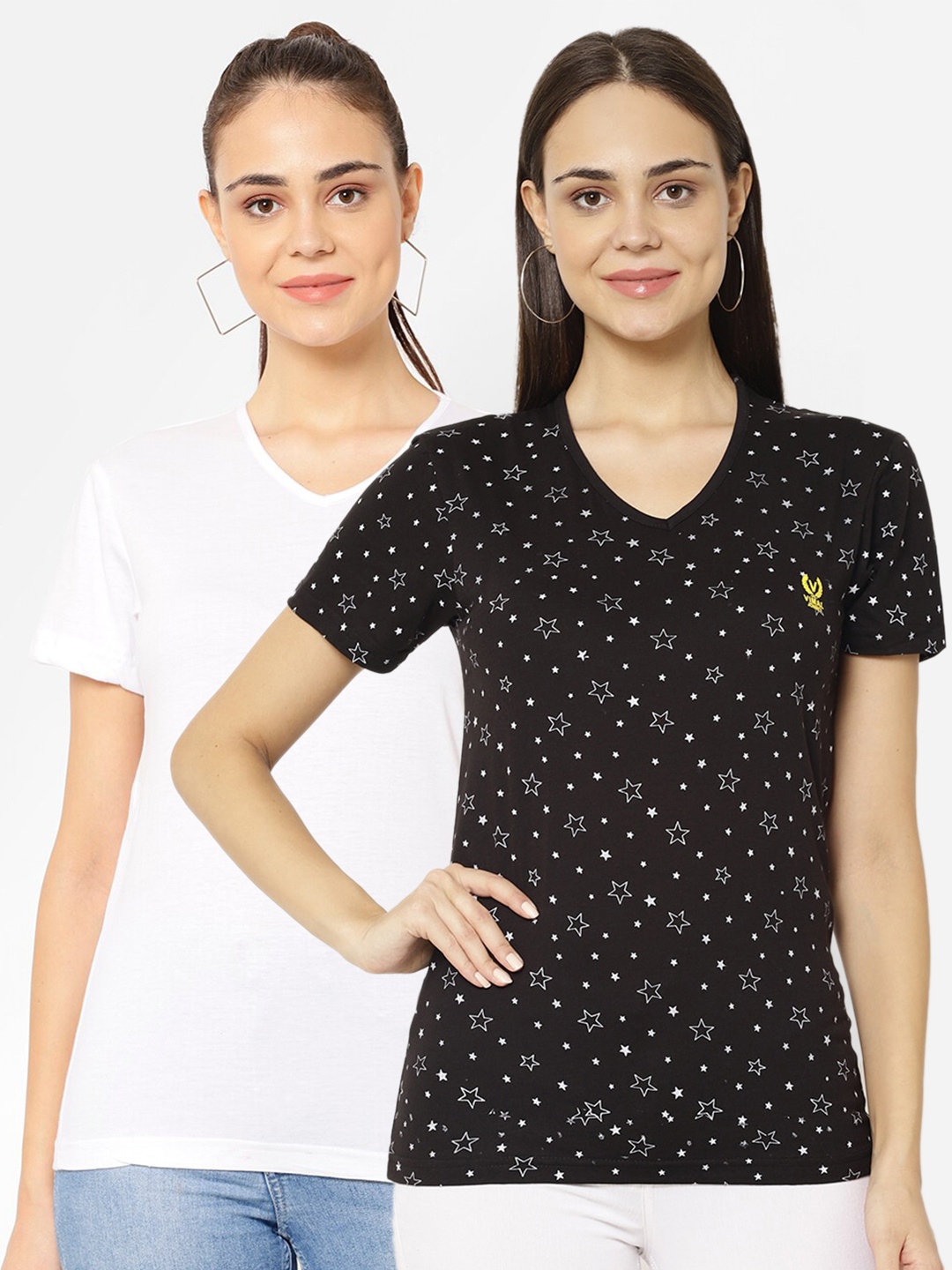 

VIMAL JONNEY Pack-2 Women Black & White V-Neck T-shirt