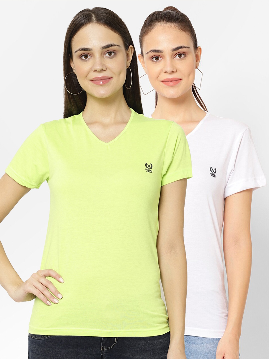 

VIMAL JONNEY Pack-2 Women White & Fluorescent Green V-Neck T-shirt