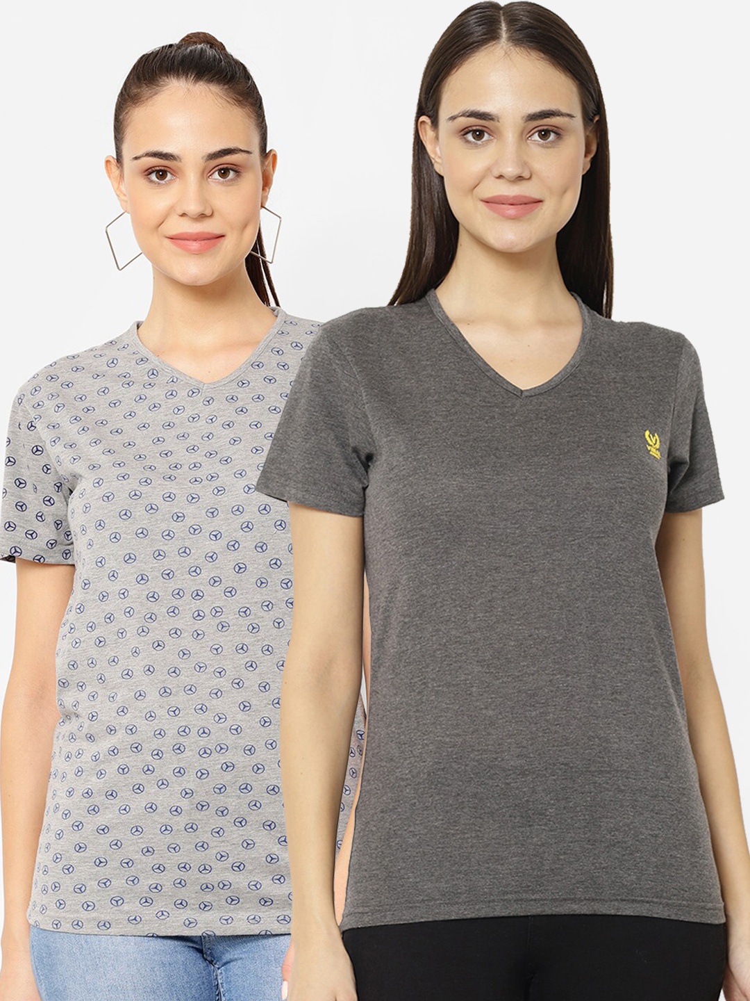 

MACK JONNEY Pack-2 Women Grey & Grey Melange V-Neck T-shirt