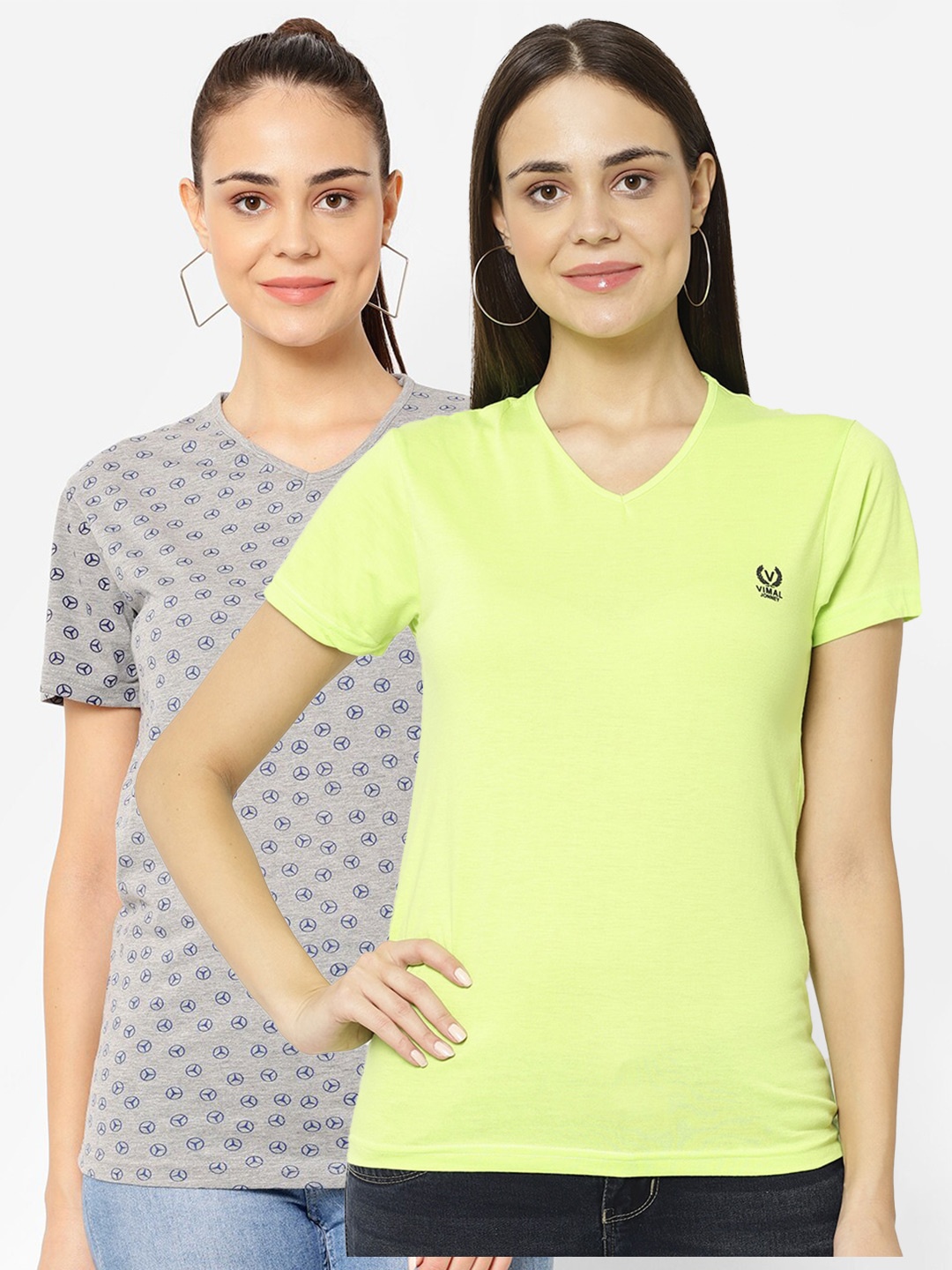 

VIMAL JONNEY Pack-2 Women Grey & Fluorescent Green V-Neck T-shirt