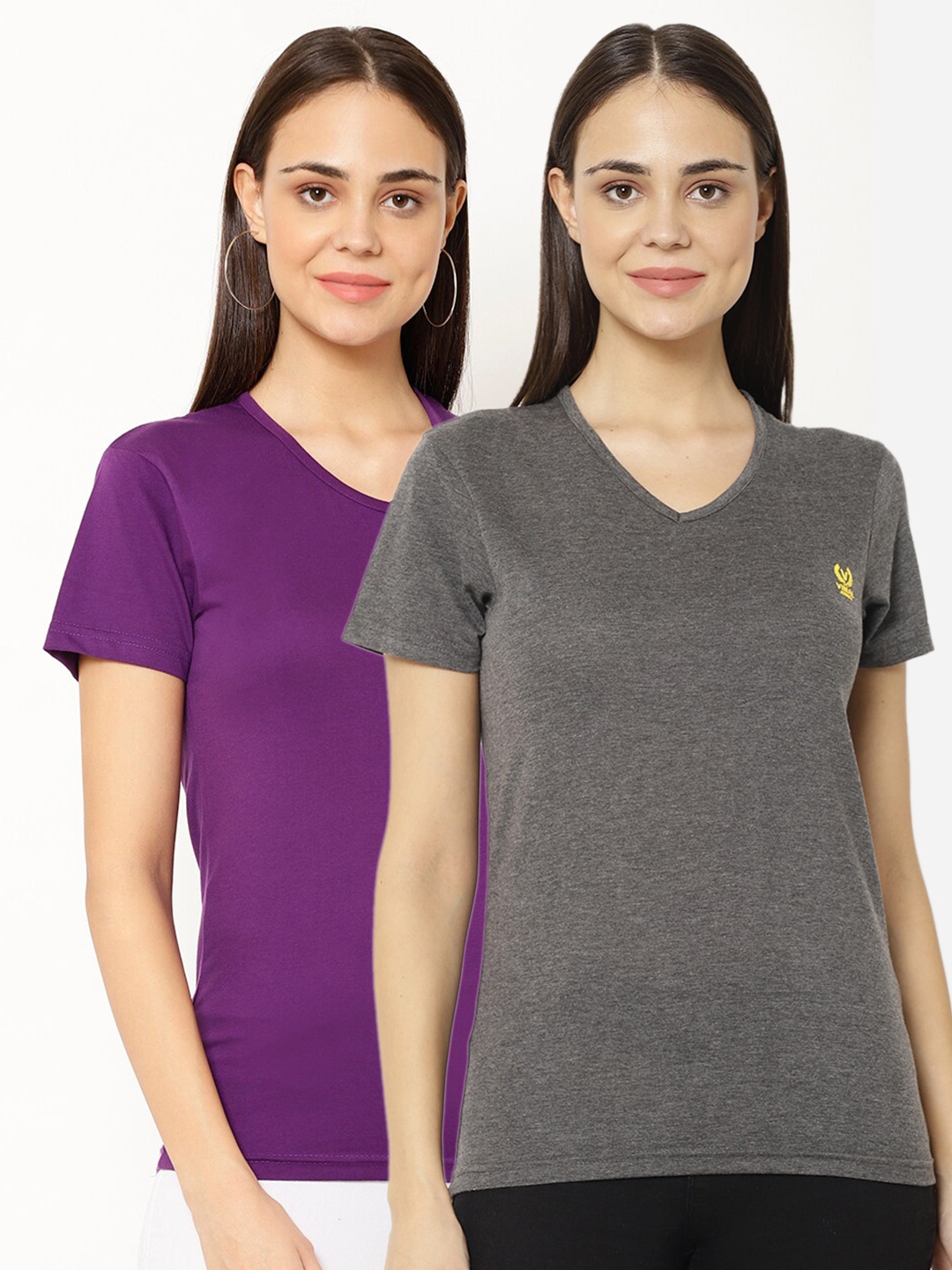 

VIMAL JONNEY Pack-2 Women Grey & Purple V-Neck T-shirt