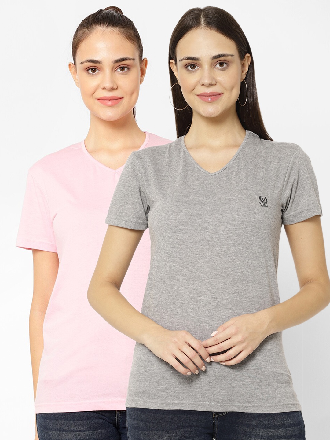 

VIMAL JONNEY Pack-2 Women Grey & Pink V-Neck T-shirt
