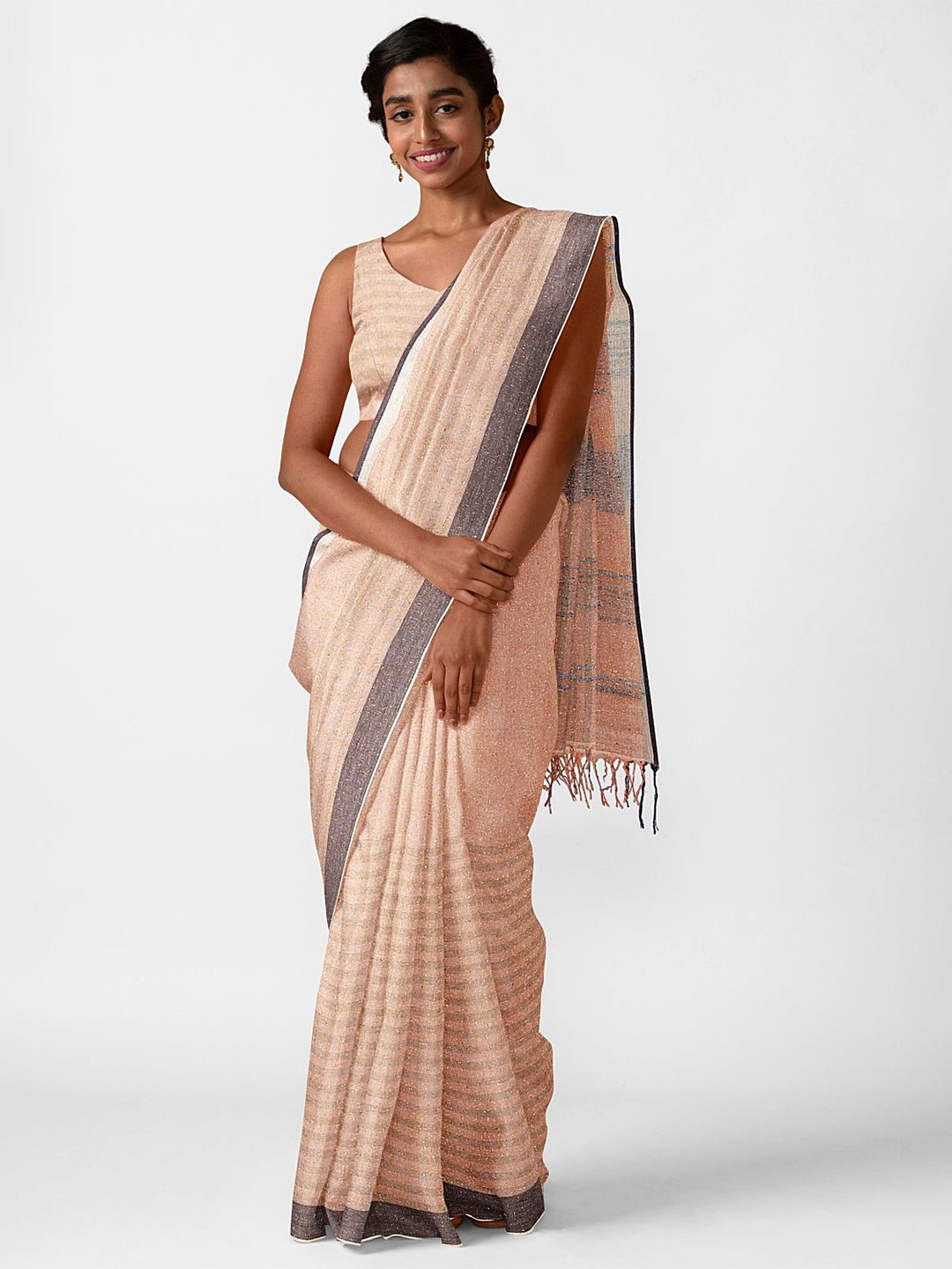 

Taneira Beige & Grey Striped Pure Silk Bhagalpuri Saree