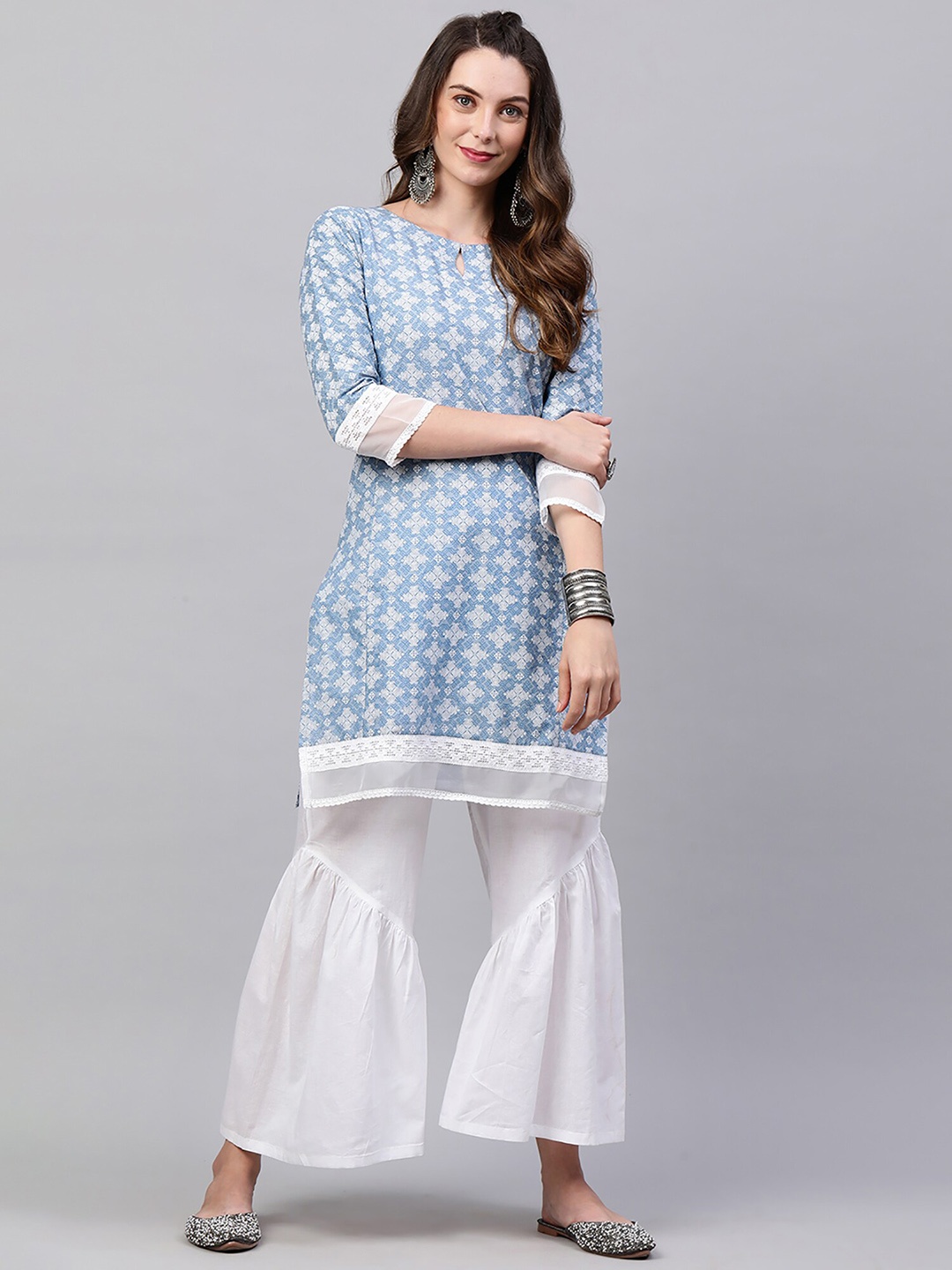 

Indo Era Women Blue Printed Pure Cotton Kurta with Sharara