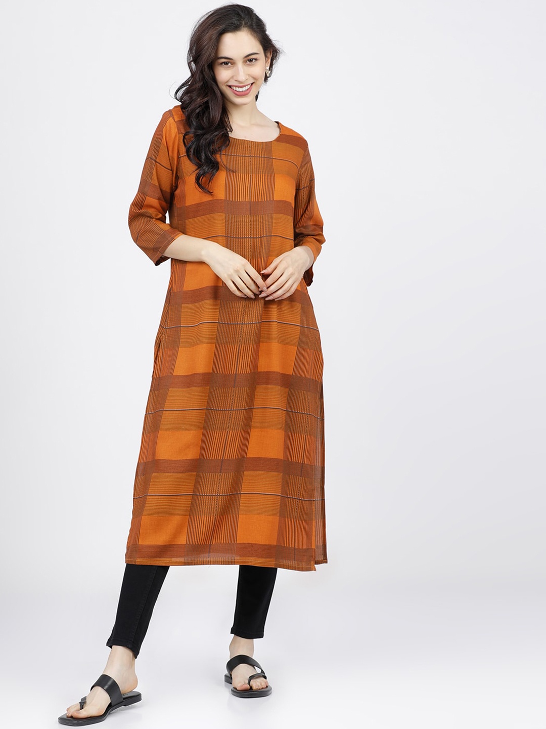

Vishudh Women Mustard Yellow & Black Checked Kurta