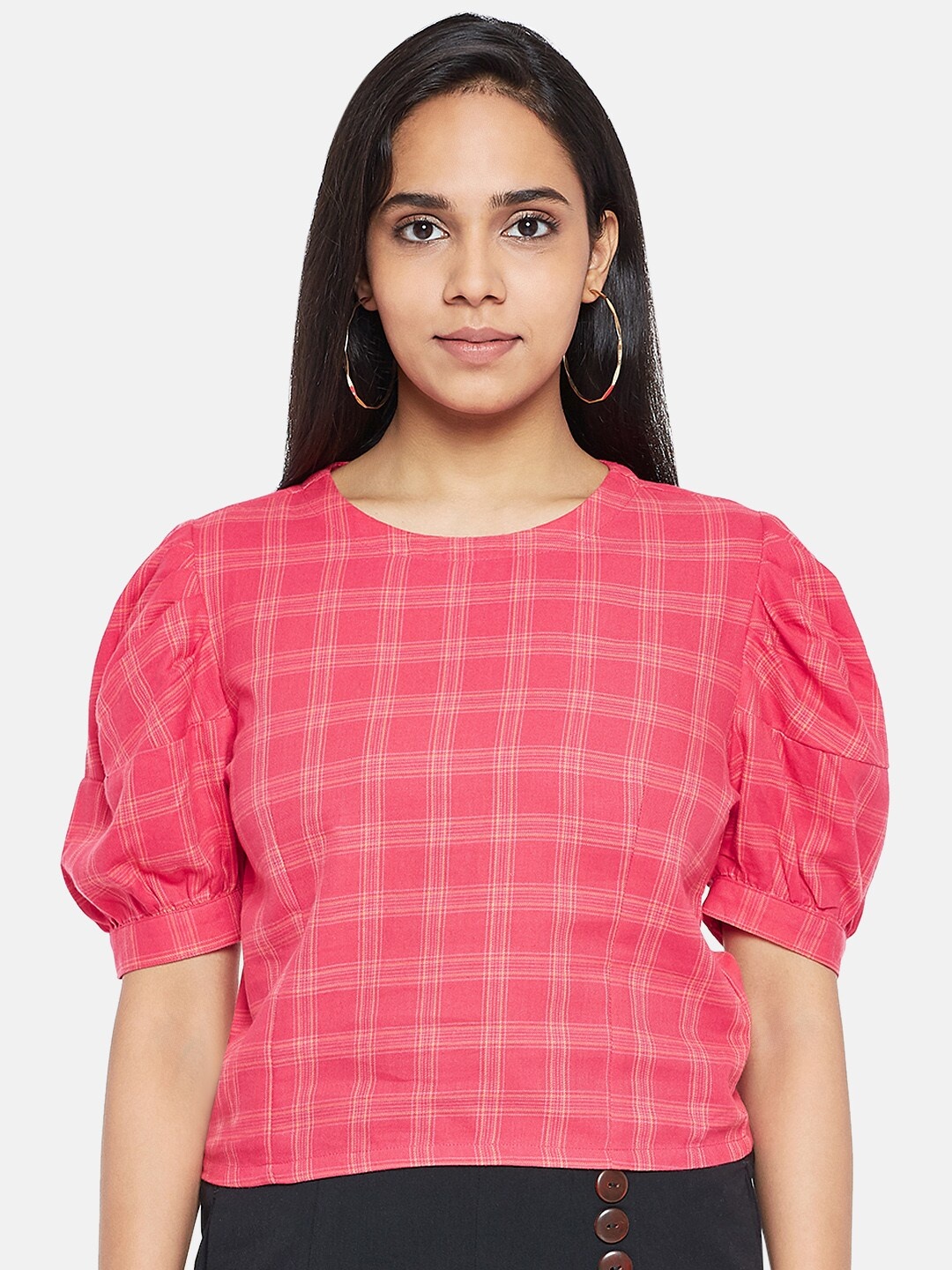 

People Pink Checked Puff Sleeve Regular Top