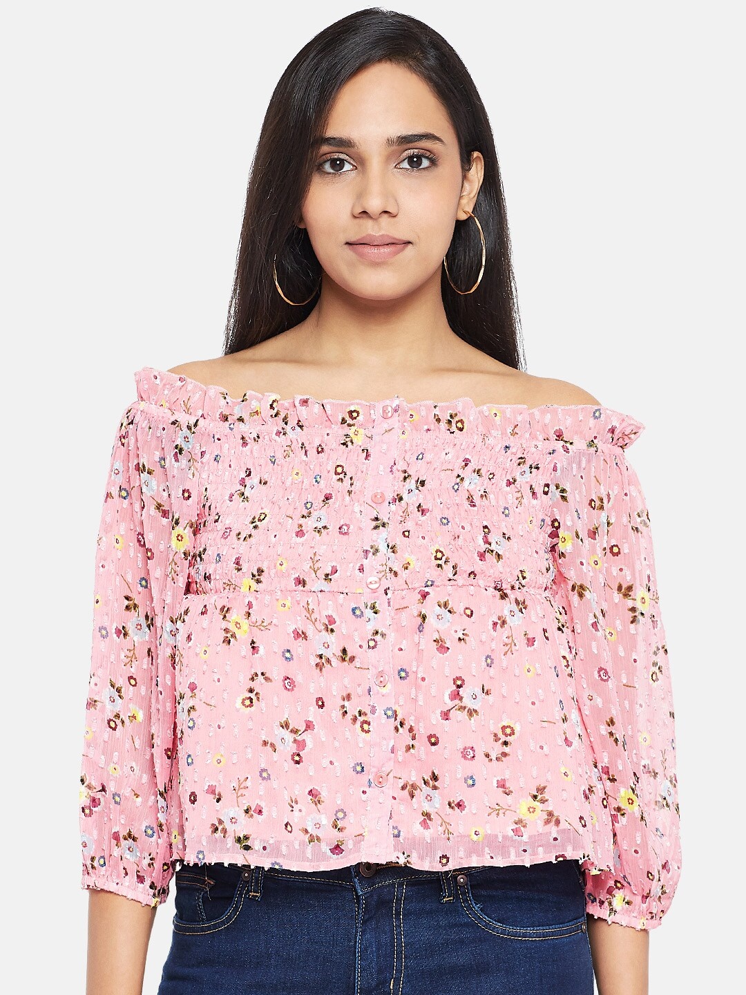 

People Pink Floral Off-Shoulder Bardot Top