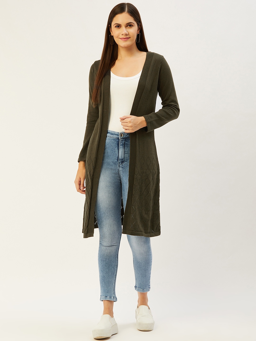 

American Eye Women Olive Green Self-Design Longline Front-Open Sweater