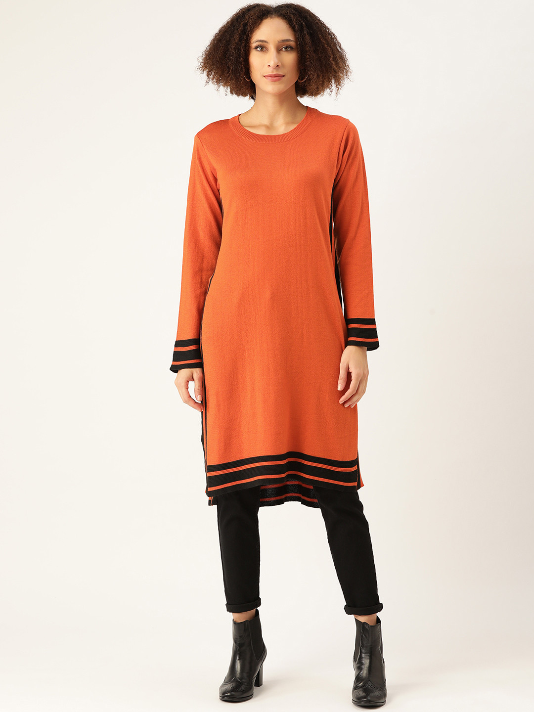 

American Eye Women Rust Orange & Black Striped Detail Straight Kurta