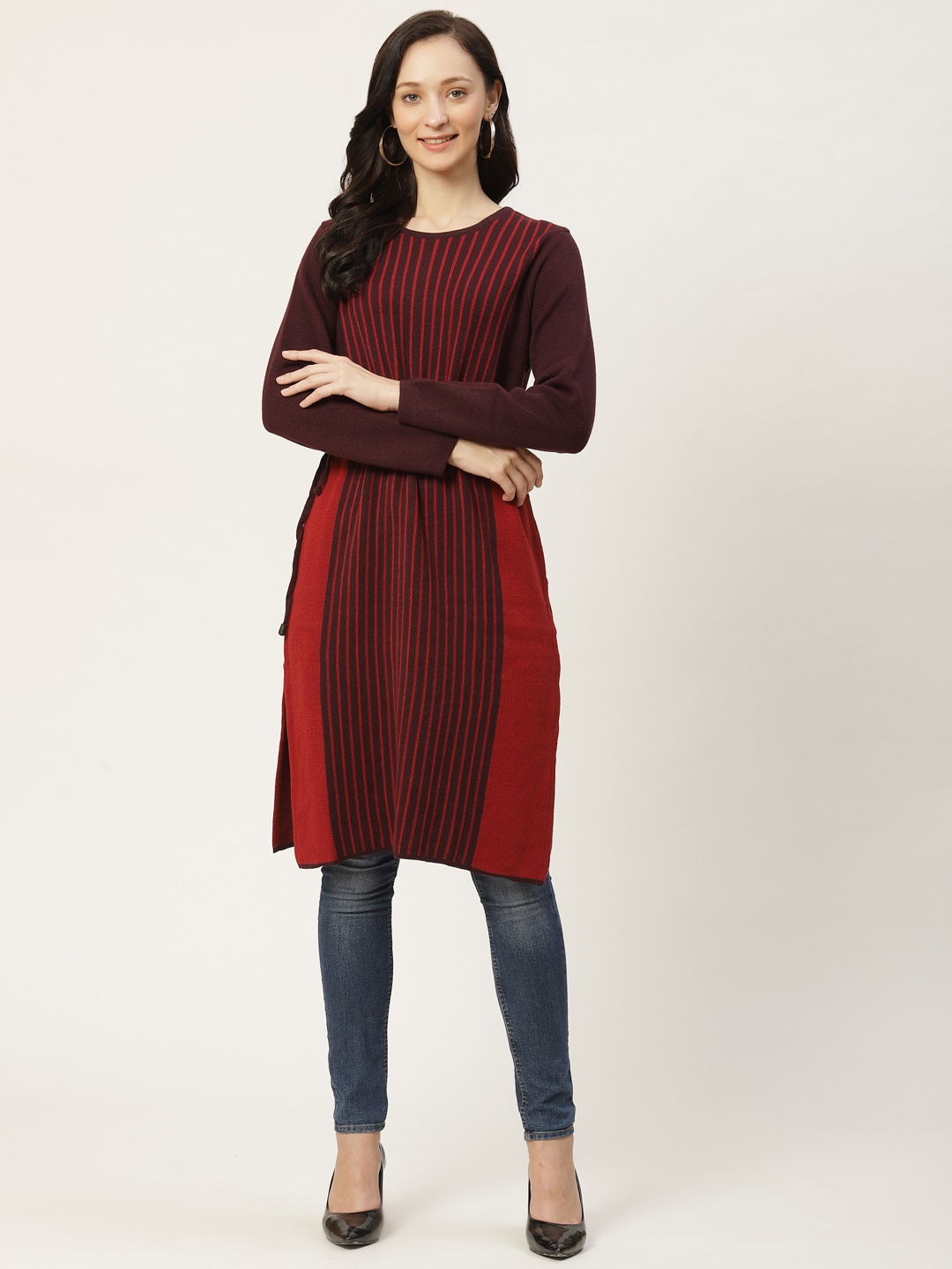 

American Eye Women Red & Purple Striped Winter Kurta