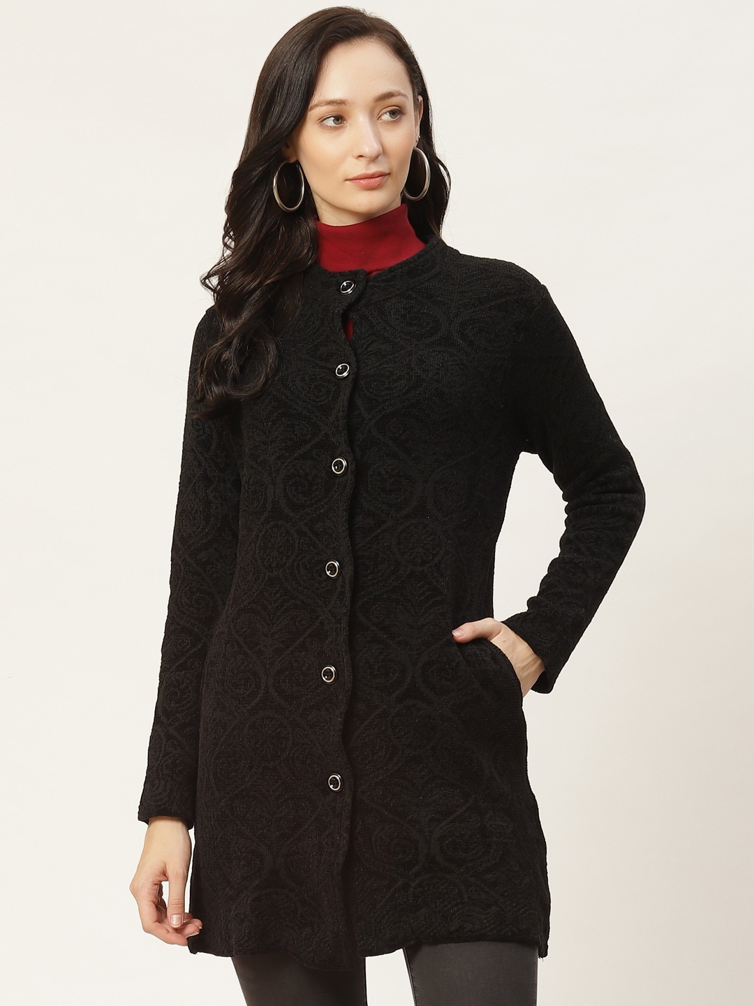 

American Eye Women Black Self Designed Longline Cardigan Sweater