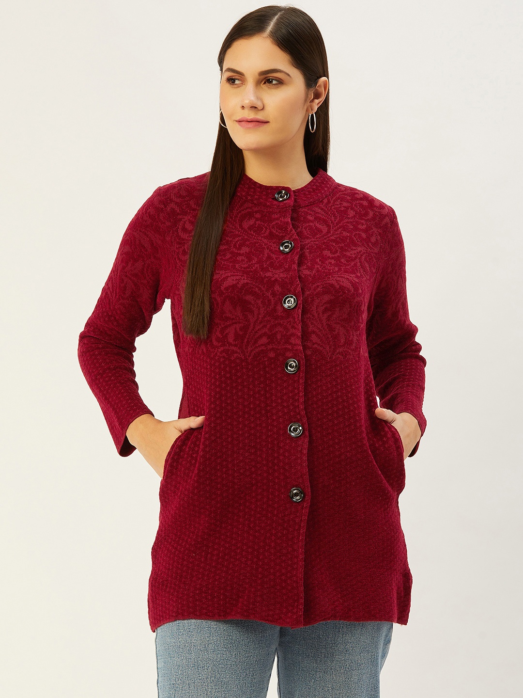 

American Eye Women Maroon Self-Design Cardigan