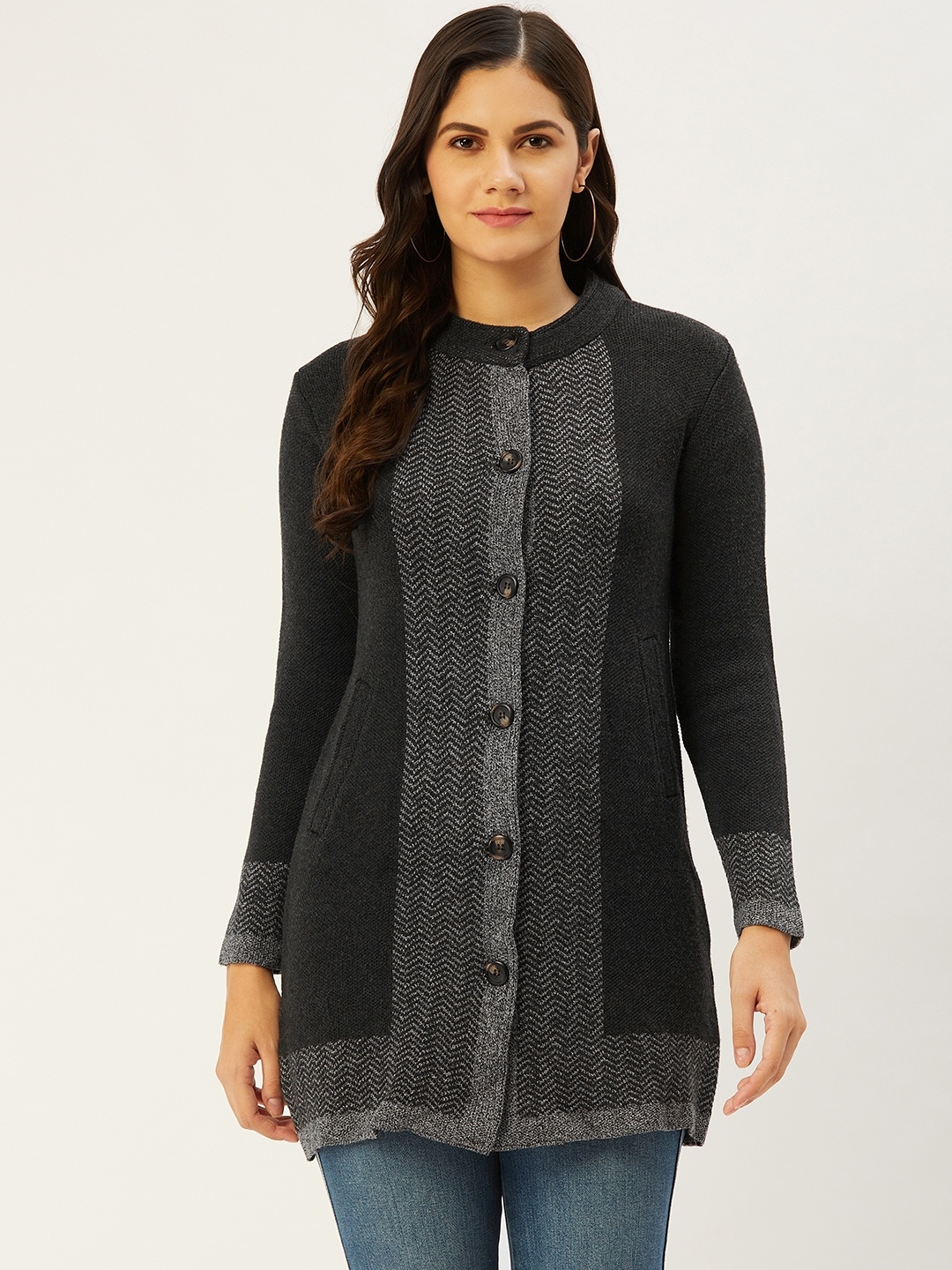

American Eye Women Charcoal Grey & Off White Chevron Design Longline Cardigan