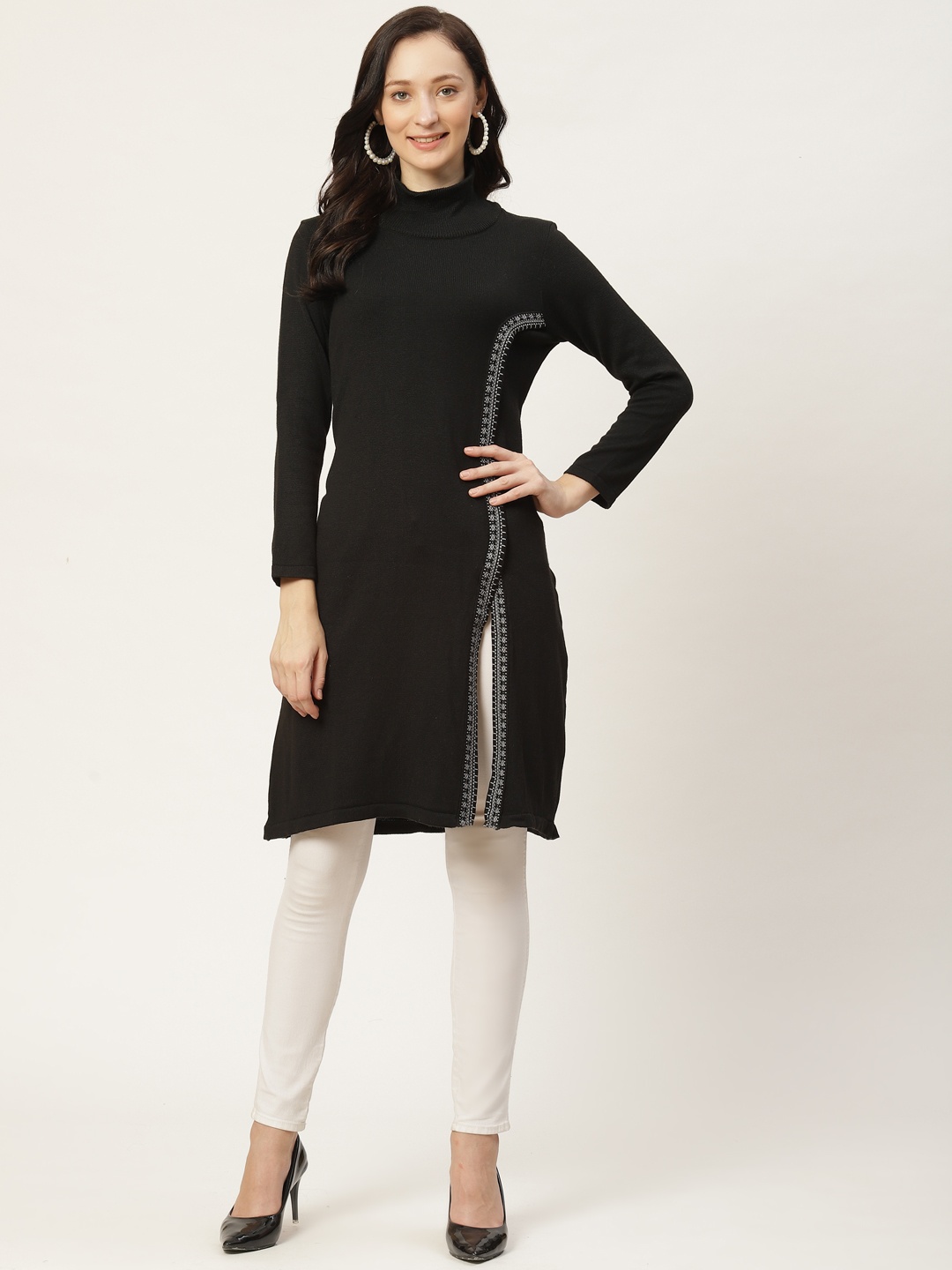 

American Eye Women Black Solid Knitted Layered Winter Kurta