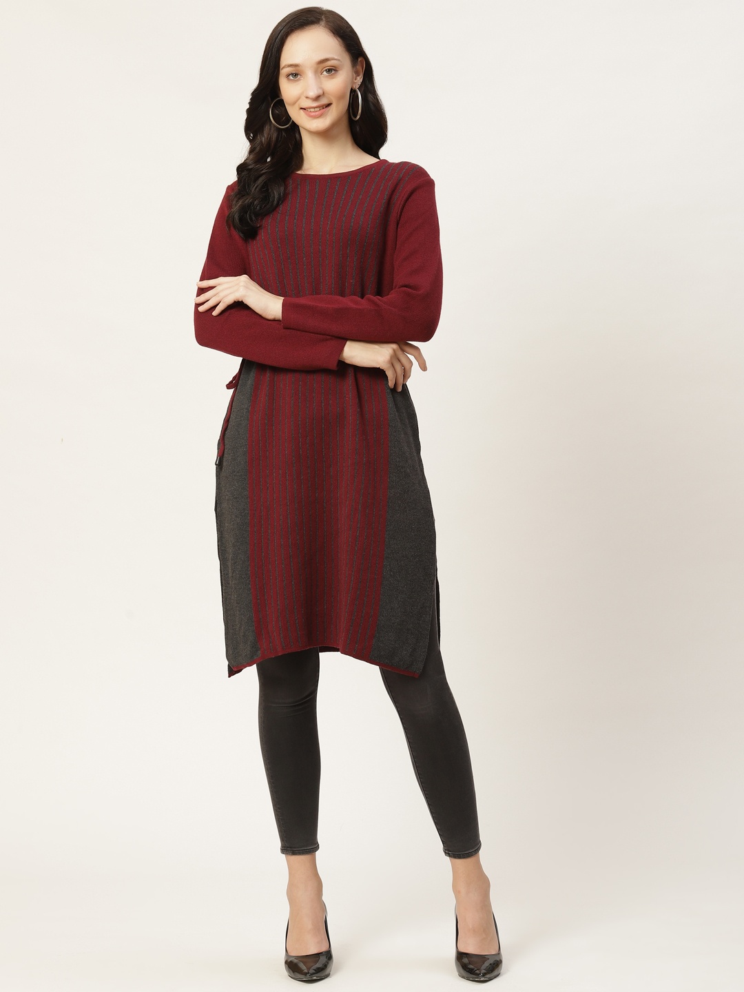 

American Eye Women Maroon & Grey Striped Winter Kurta