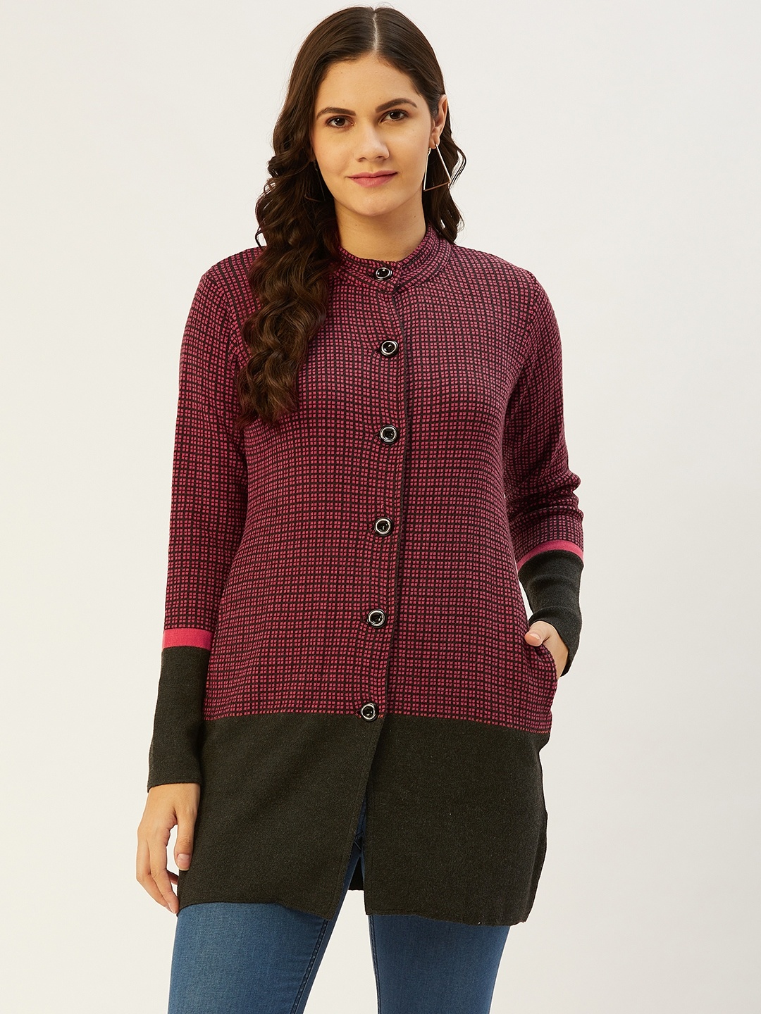 

American Eye Women Charcoal Grey & Pink Checked Longline Cardigan