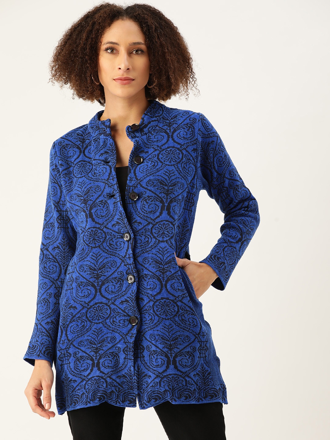 

American Eye Women Blue & Black Self-Design Longline Cardigan