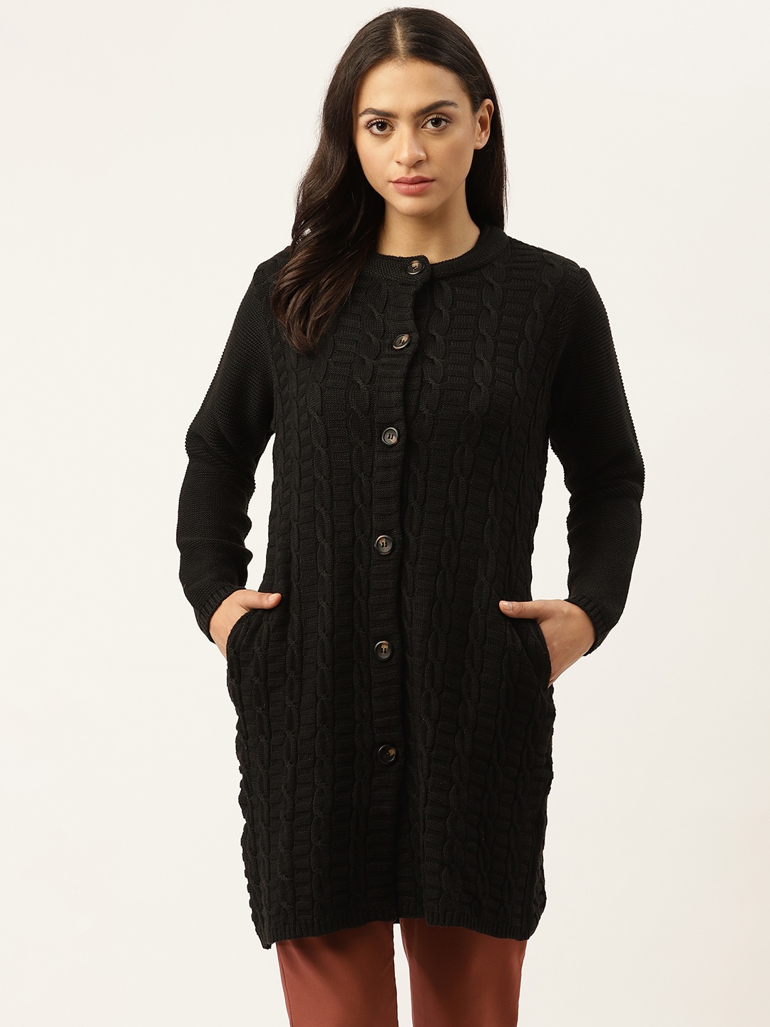 

American Eye Women Black Cable Knit Longline Cardigan