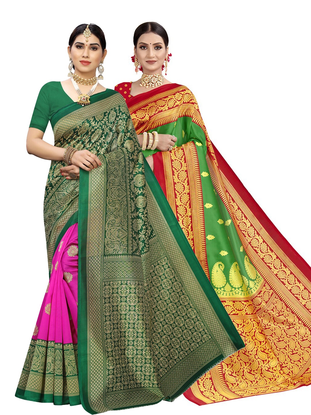 

KALINI Pack Of 2 Green & Pink Ethnic Motifs Printed Sarees