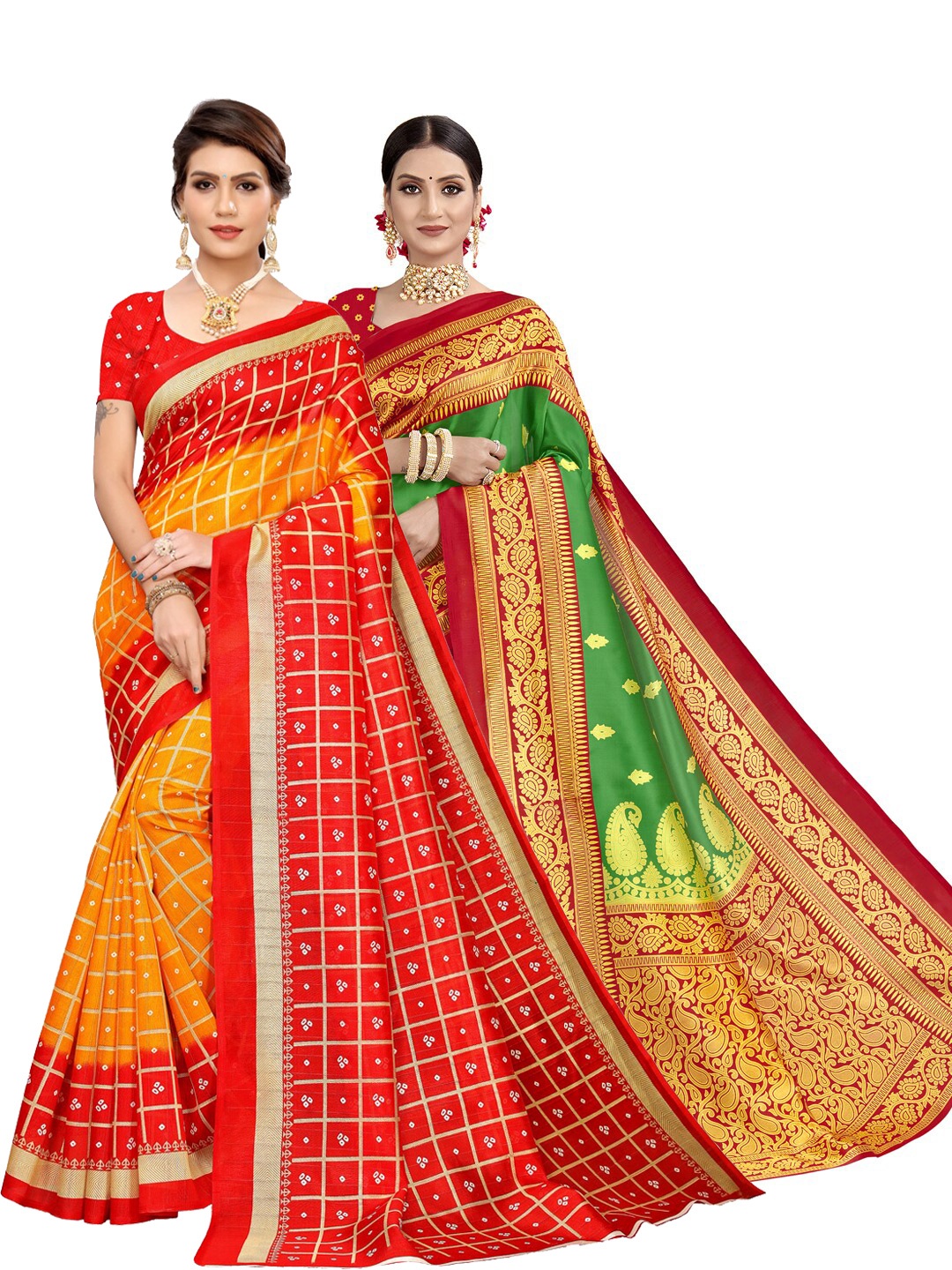 

KALINI Set of 2 Printed Sarees, Green
