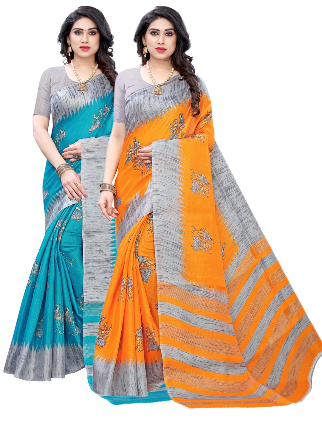 

KALINI Pack Of 2 Warli Printed Art Silk Saree, Blue