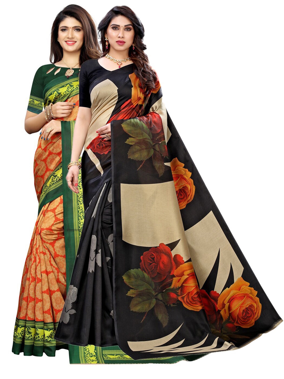 

KALINI Pack Of 2 Black & Orange Ethnic Motifs Printed Sarees