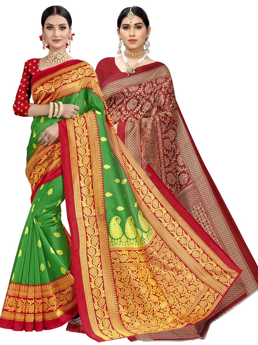 

KALINI Set of 2 Printed Sarees, Maroon