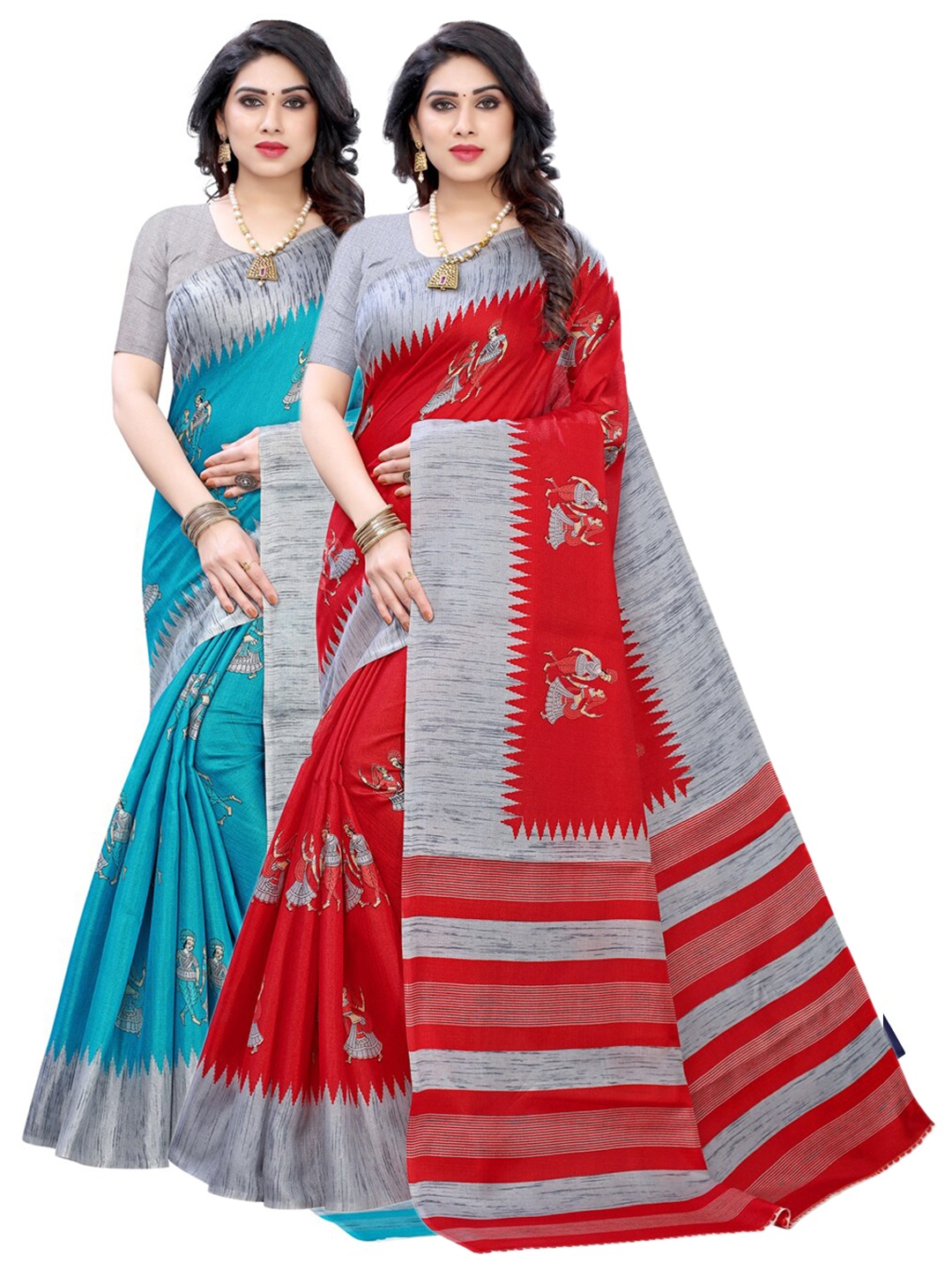 

KALINI Pack Of 2 Warli Printed Art Silk Khadi Saree, Blue