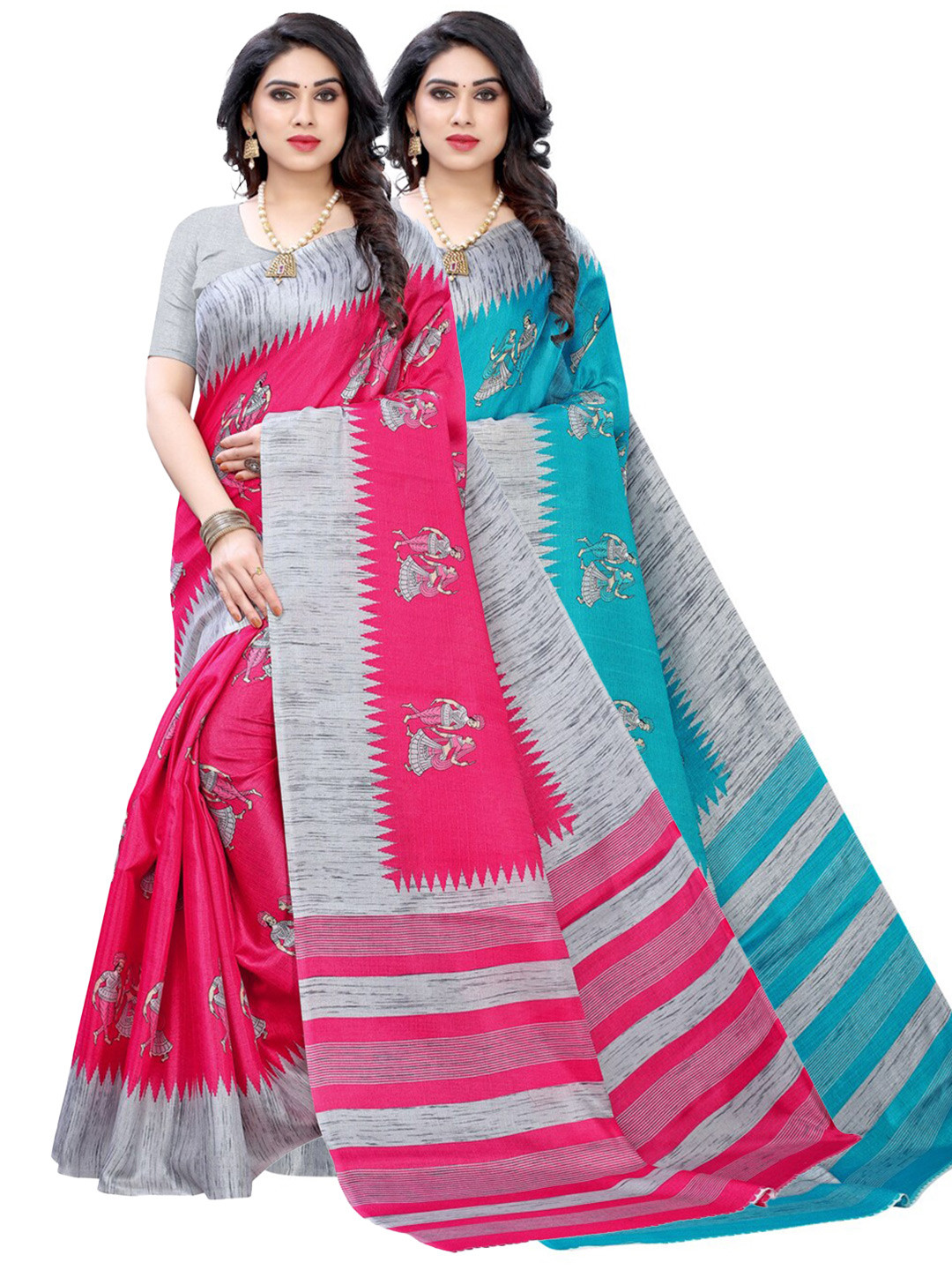 

KALINI Pack Of 2 Blue & Pink Ethnic Motifs Printed Art Silk Sarees