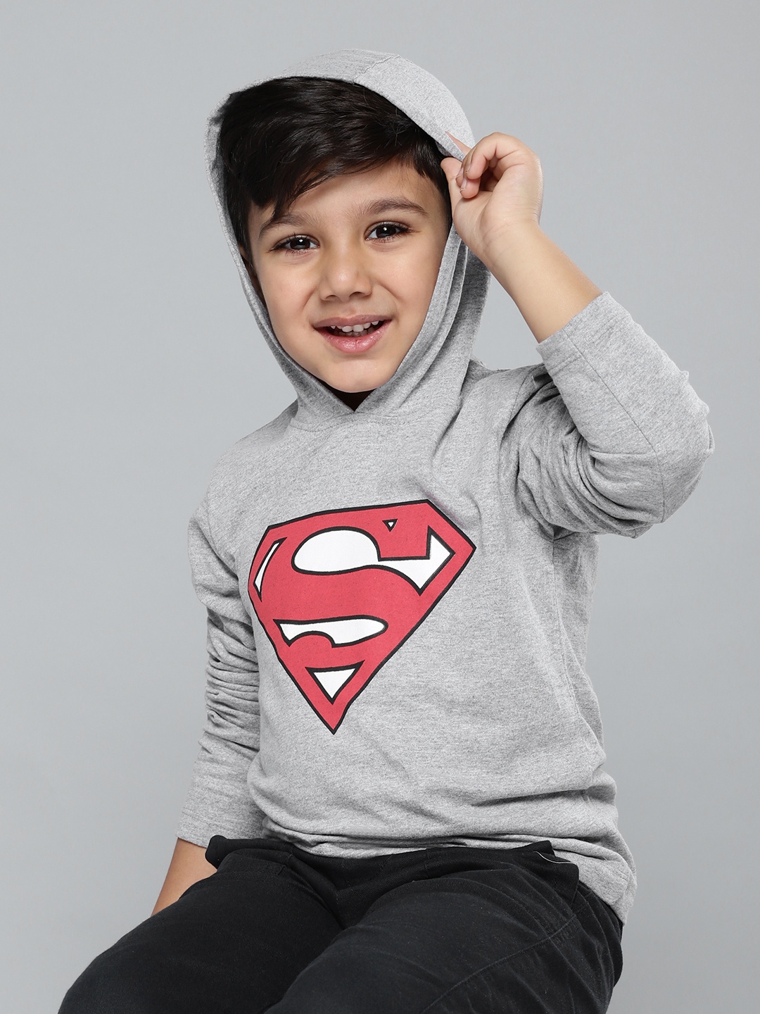 

YK Justice League Boys Grey Melange & Red Cotton Superman Printed T-shirt