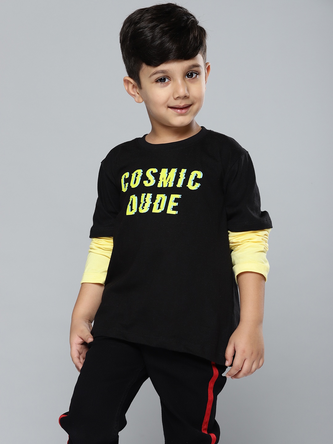 

YK Boys Black & Yellow Cotton Typography Printed T-shirt