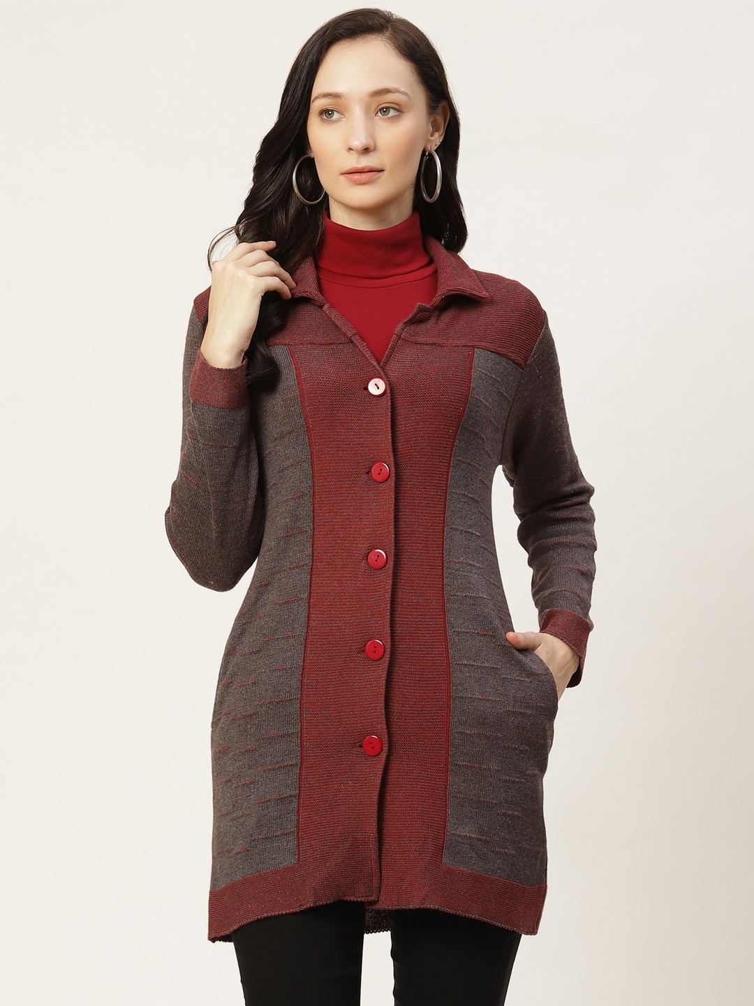 

American Eye Women Charcoal Grey & Maroon Self-Design Cardigan