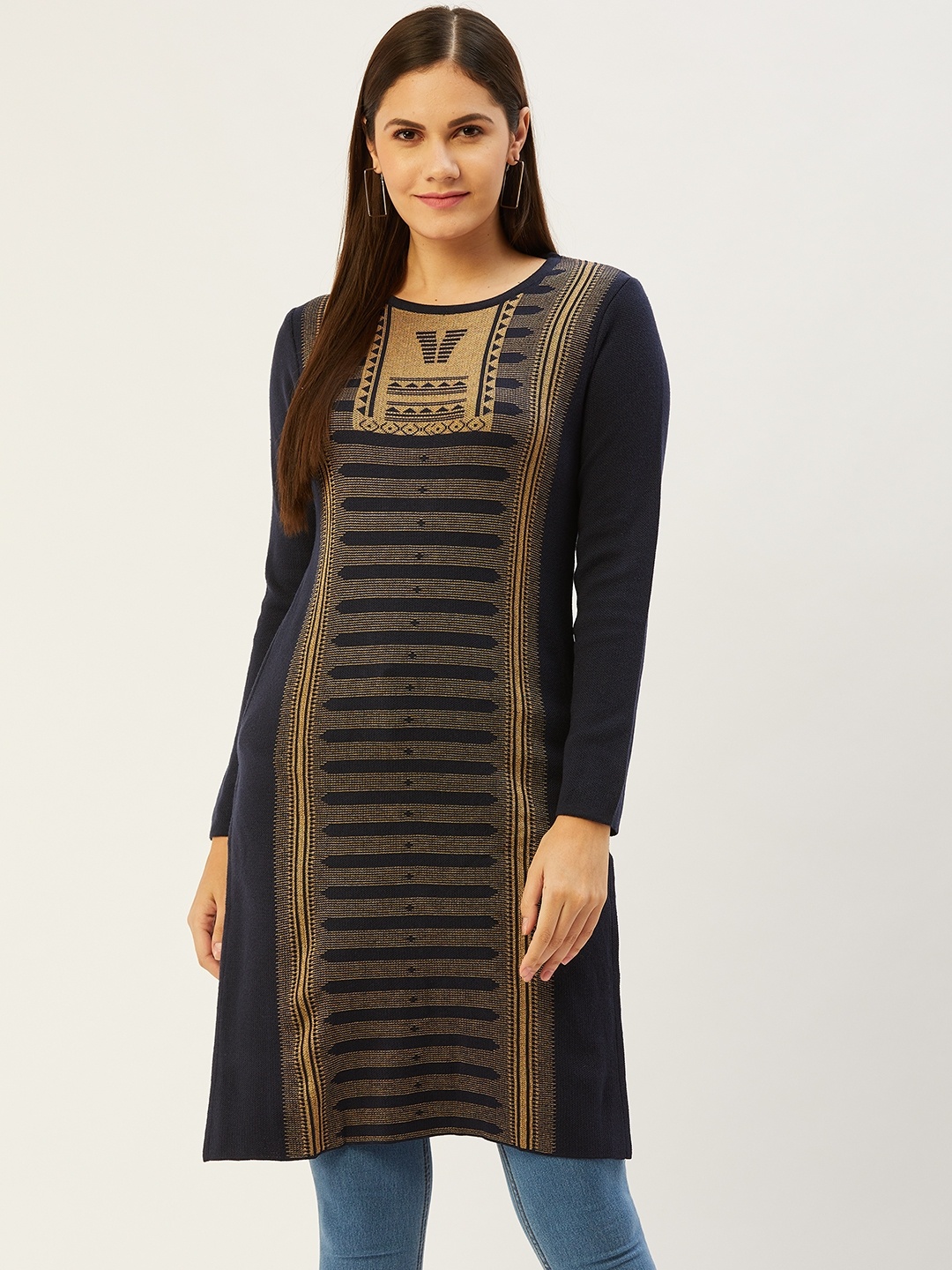 

American Eye Women Navy Blue & Beige Ethnic Motifs Straight Winter Kurta