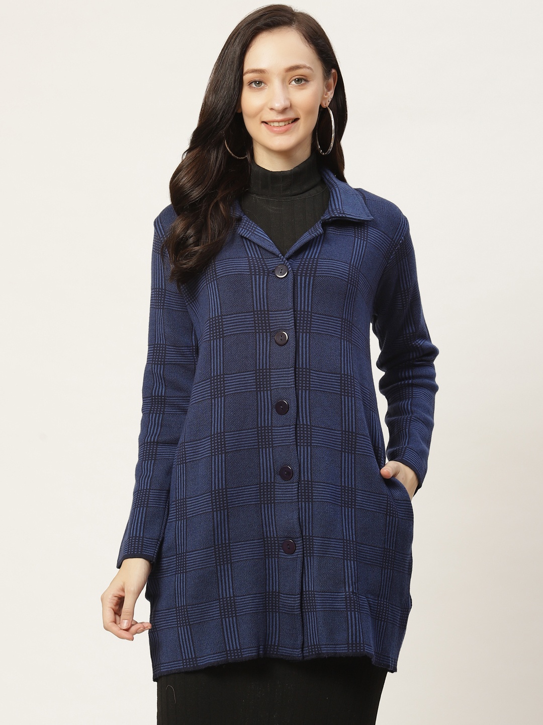 

American Eye Women Navy Blue & Black Checked Cardigan