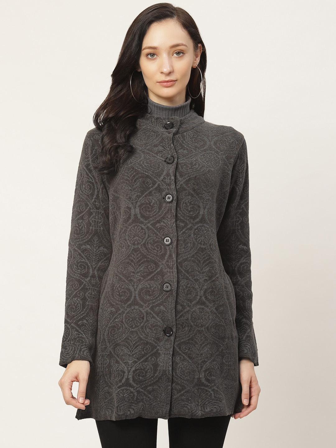 

American Eye Women Grey Self Designed Longline Cardigan Sweater