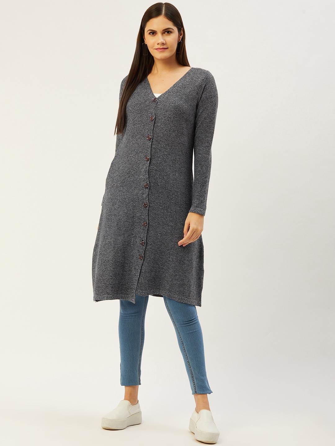 

American Eye Women Charcoal Grey Solid Longline Cardigan