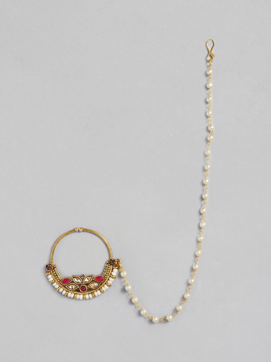 

I Jewels Red & White Antique Gold-Plated Pearl Studded Beaded Chained Nose Ring