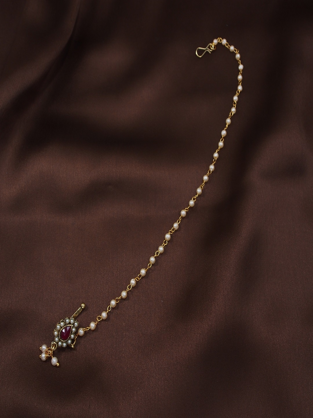 

I Jewels Red & White Gold-Plated Pearl Studded Beaded Chained Nosepin