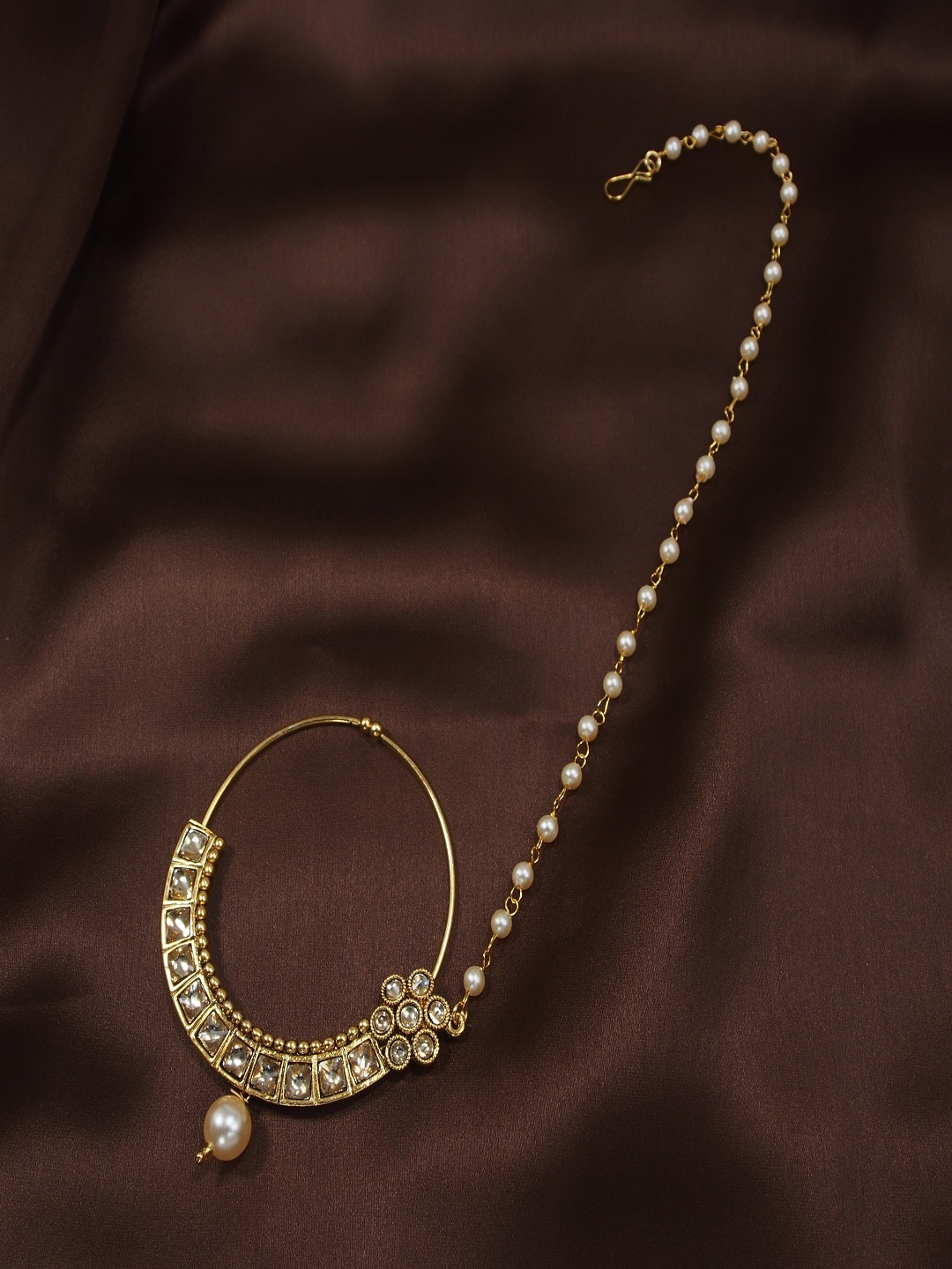 

I Jewels Gold Plated & White Studded & Beaded Chained Nose Pin