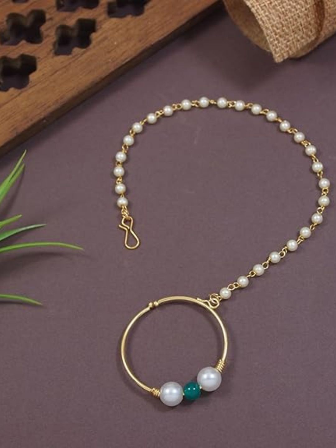 

I Jewels Gold-Plated & Green Pearl Studded & Beaded Chained Nose Ring
