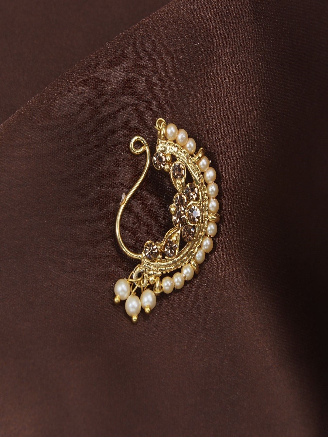 

I Jewels Gold-Plated Pearl Studded & Beaded Maharashtrian Nosepin