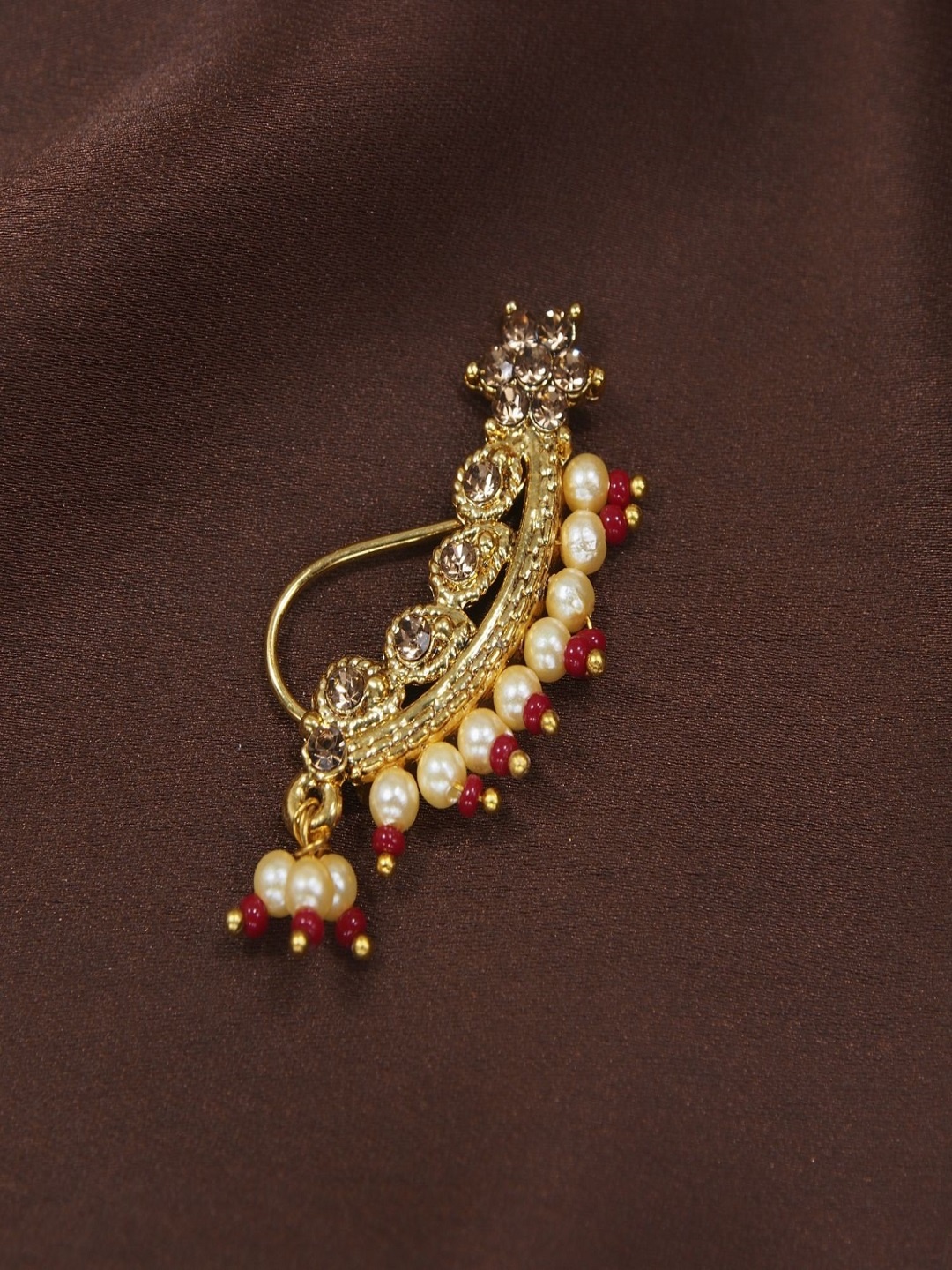 

I Jewels Gold-Plated & Maroon Pearl Studded & Beaded Maharashtrian Nosepin
