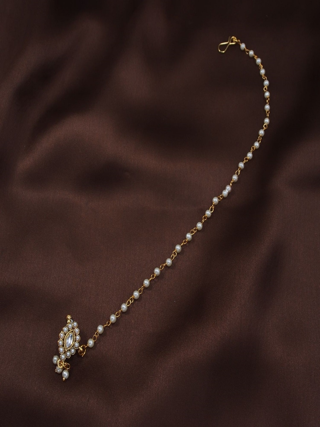 

I Jewels Gold-Plated & White Pearl Studded & Beaded Chained Nose Ring